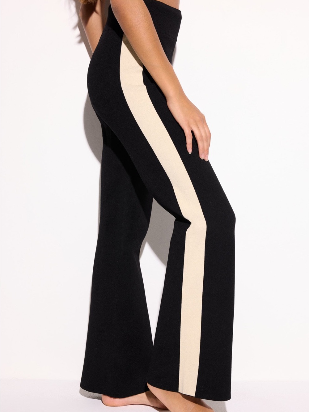 Spiritual Gangster Black Knit Wide-Leg Pants with Cream Side Stripes